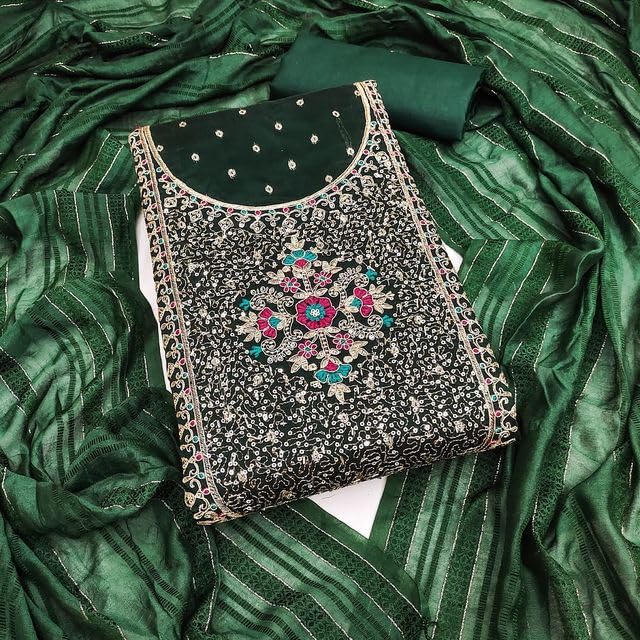 VARNI FABRICS Chinnon Dress Material for Women Digital Print Unstitched Woman Salwar Suit Dress Material With Chinnon Dupatta Deep Green
