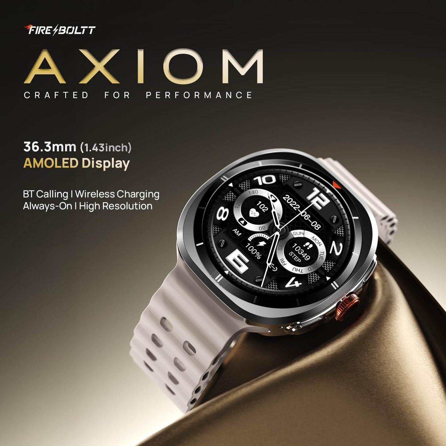 Fire-Boltt Axiom Smart Watch 1.43" Super AMOLED Display, Health & Fitness Tracking, Always-On Screen, Wireless Charging, Rotating Crown, Bluetooth Calling, Metal Case Watch for Man & Woman - White