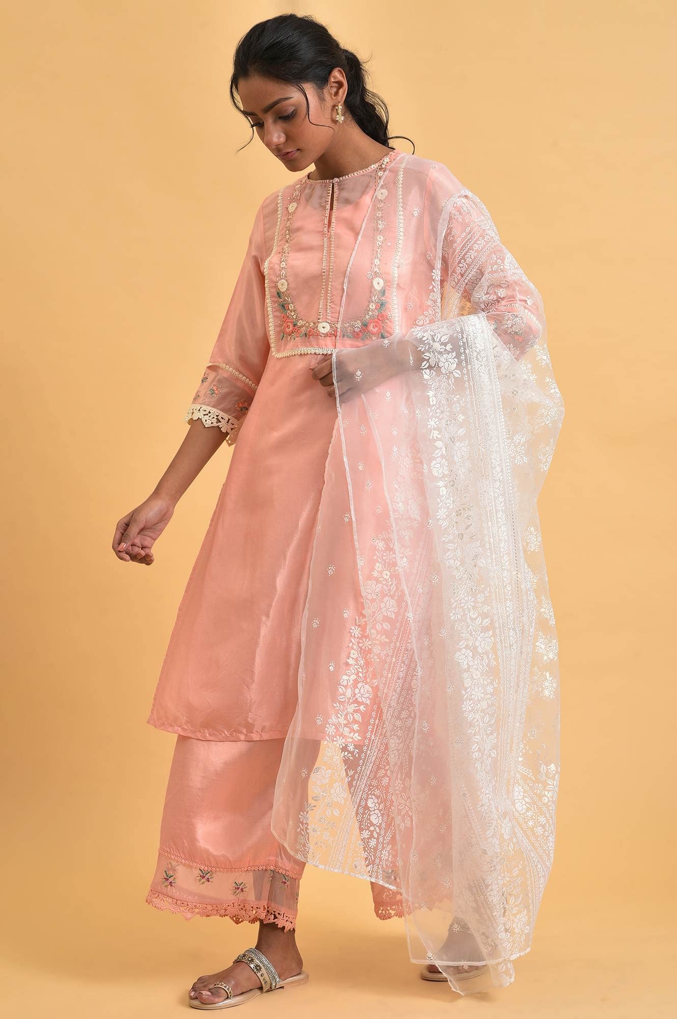 W for Woman Polyester Women Ecru Printed Brasso Dupatta, Free Size, Beige_WFS