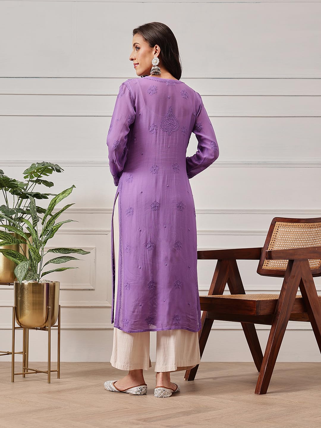 Ada Hand Embroidered Lucknowi Chikankari Viscose Georgette Kurta Kurti for Women A411332 Mauve (3XL)