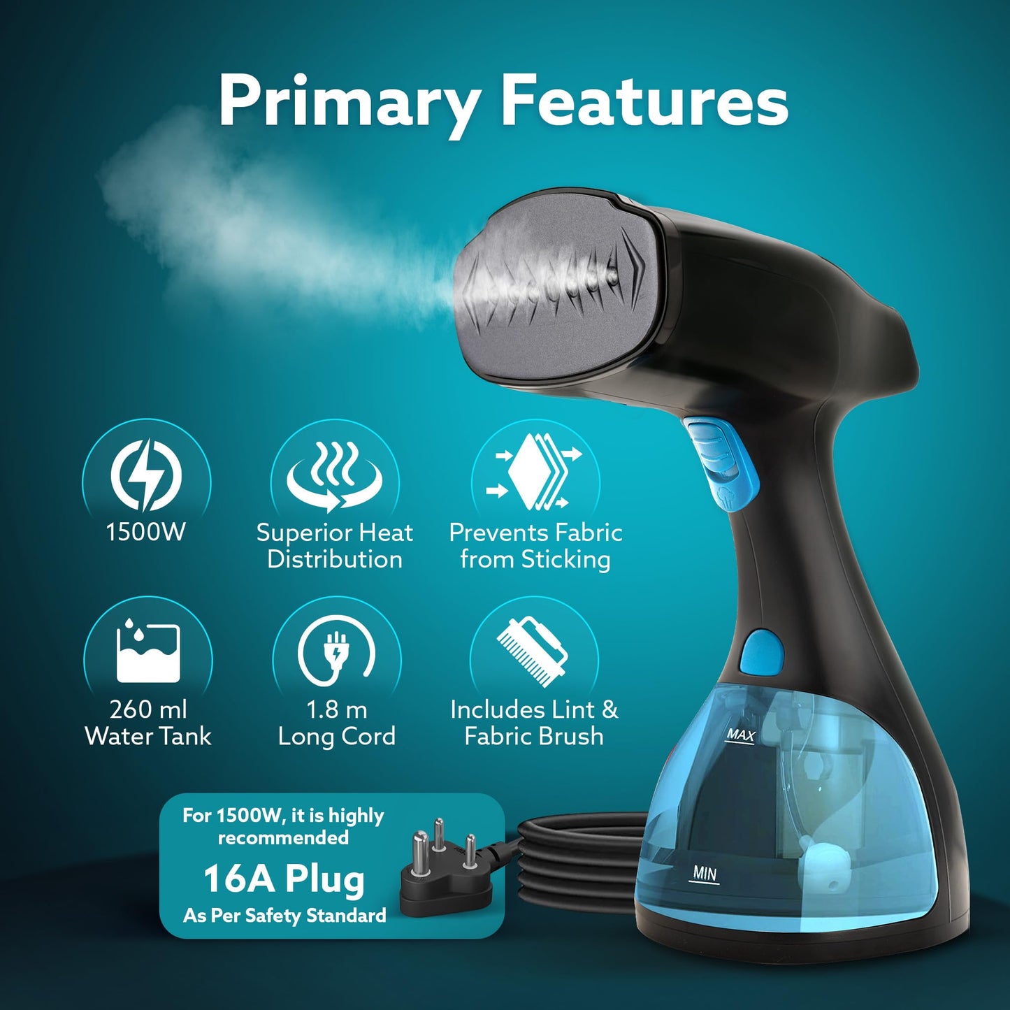 AGARO Signify Handheld Garment Steamer, Wrinkle Remover, Iron, Fast Heat, Ceramic Steam Nozzle, 1500W, 260 ML Water Tank, Detachable Fabric Brush