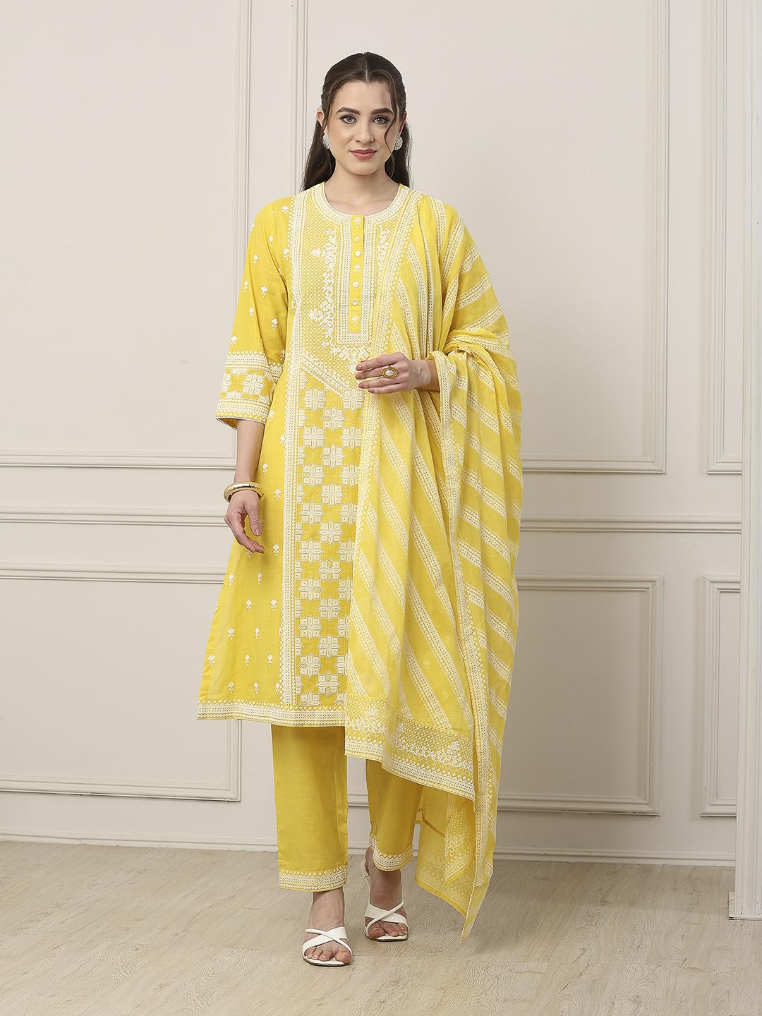 Biba Women Yellow Cotton Straight Suit Set_38
