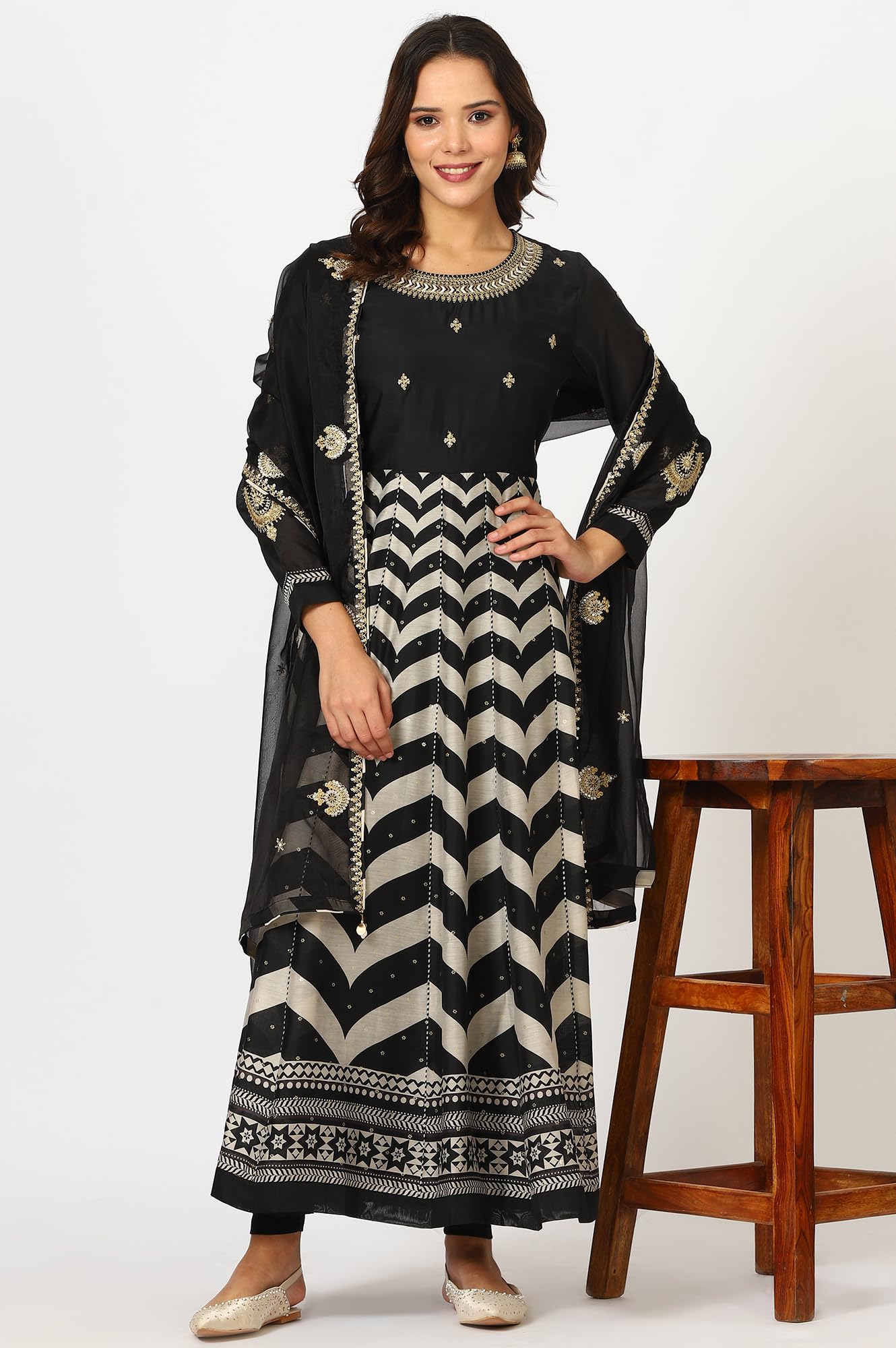 W for Woman Black Chevron Printed Embroidered Chanderi Anarkali Kurta, Tights and Duptta Set (Size: XXL)-24AUSP11666-124621