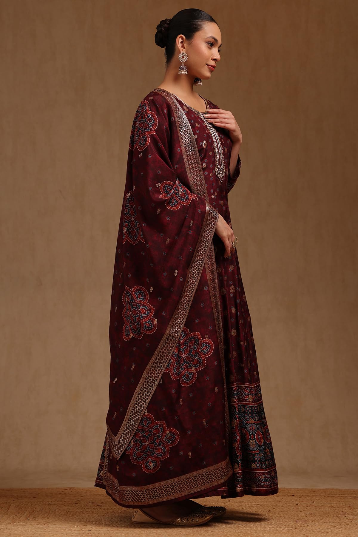 Soch Womens Wine Russian Silk Ethnic Motifs Gown with Mirror and Cutdana