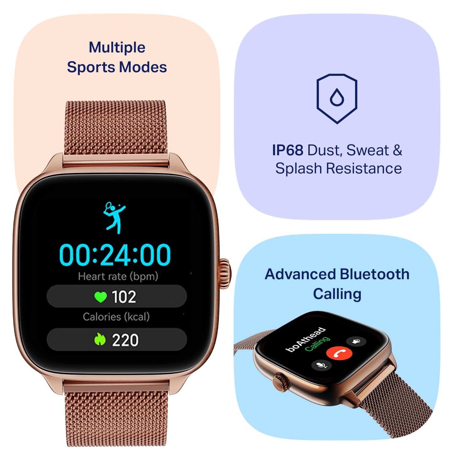 Boat Storm Verge, 1.72" (4.4 cm) Unisex Design, AuraVue Display with 20% Higher Brightness, Premium Metal Body, 80+ Sports Mode, Bluetooth Calling, Smart Watch for Men & Women (Rose Gold)