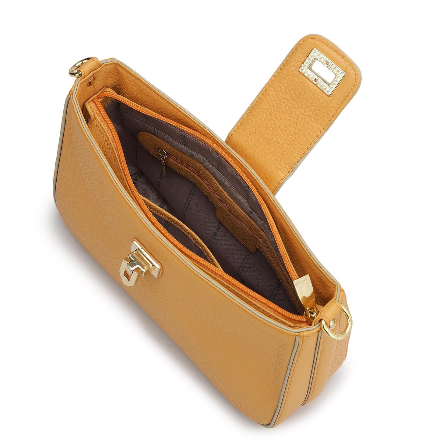 Da Milano Genuine Leather Shoulder Bag for Women – Apricot Crush Handbag with Zipper & Clasp Lock Closure