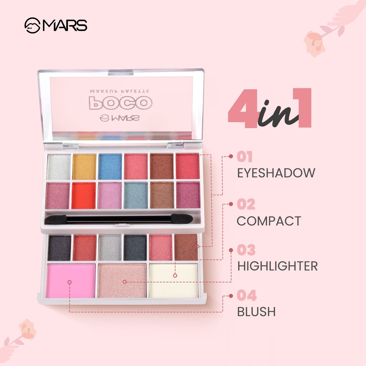 MARS Poco Face Makeup and eyeshadow Palette with Slider Case | Free Applicator | Long Wearing | Highly Pigmented and Easy to Blend 21 Shades (20g) (03-Multicolor)
