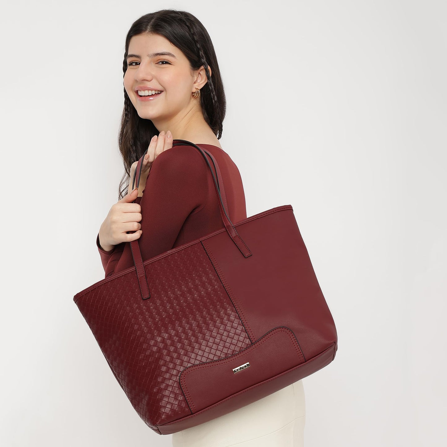 Fastrack Textured Quilted Weaving Tote Bag For Women | Fits Upto 15" Laptop | Trendy Faux Leather Tote With Zip Closure and Comfy Shoulder Straps | Spacious Handbag With Inner Pockets