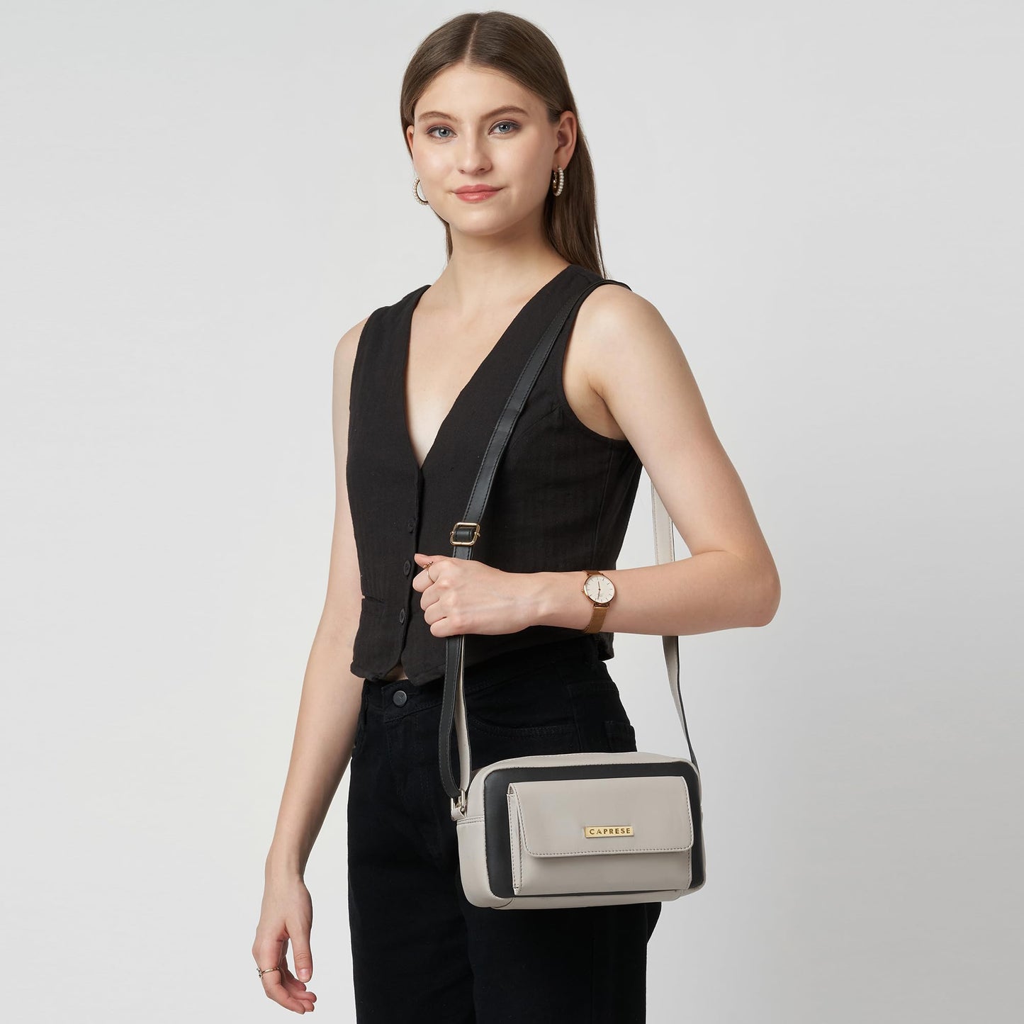 Caprese Regina Medium Sling Bag for Women with Adjustable Strap & Zipper Closure for Comfortable Wear | Versatile Handbag for Everyday Use, Travel, and Special Occasions (Black)