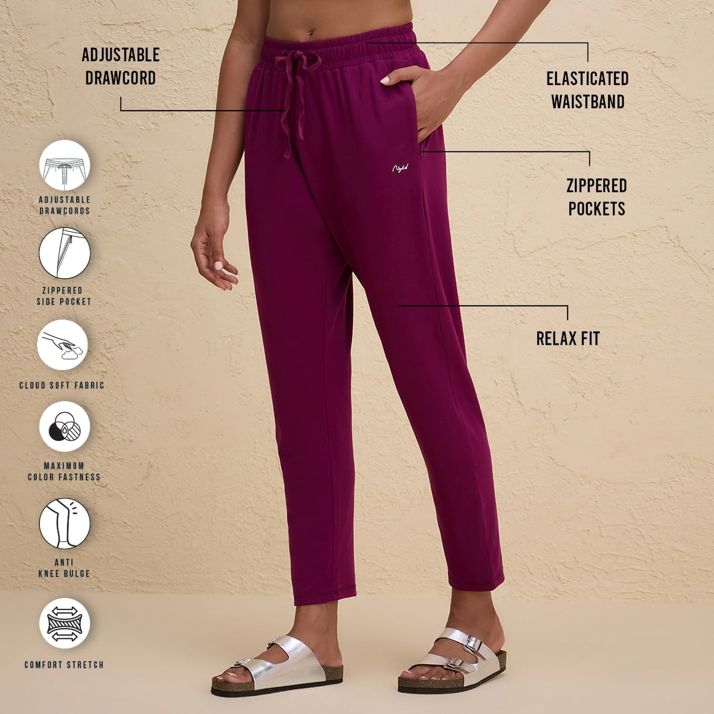 NYKD by Nykaa Women’s Solid Cotton Leggings & Tights | Everyday Comfort, Relaxed fit, Mid Waist for Yoga and Athleisure Chic- NYAT502 (in, Alpha, 2XL, Regular, Wine)