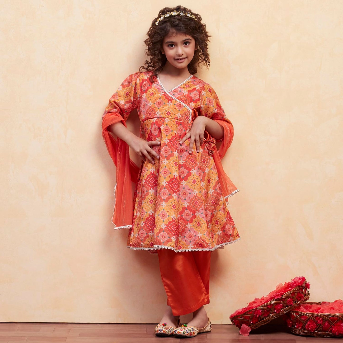 Biba Girl's Polyester Kurta Set (KWFNFES6386OSS25ORG_Orange
