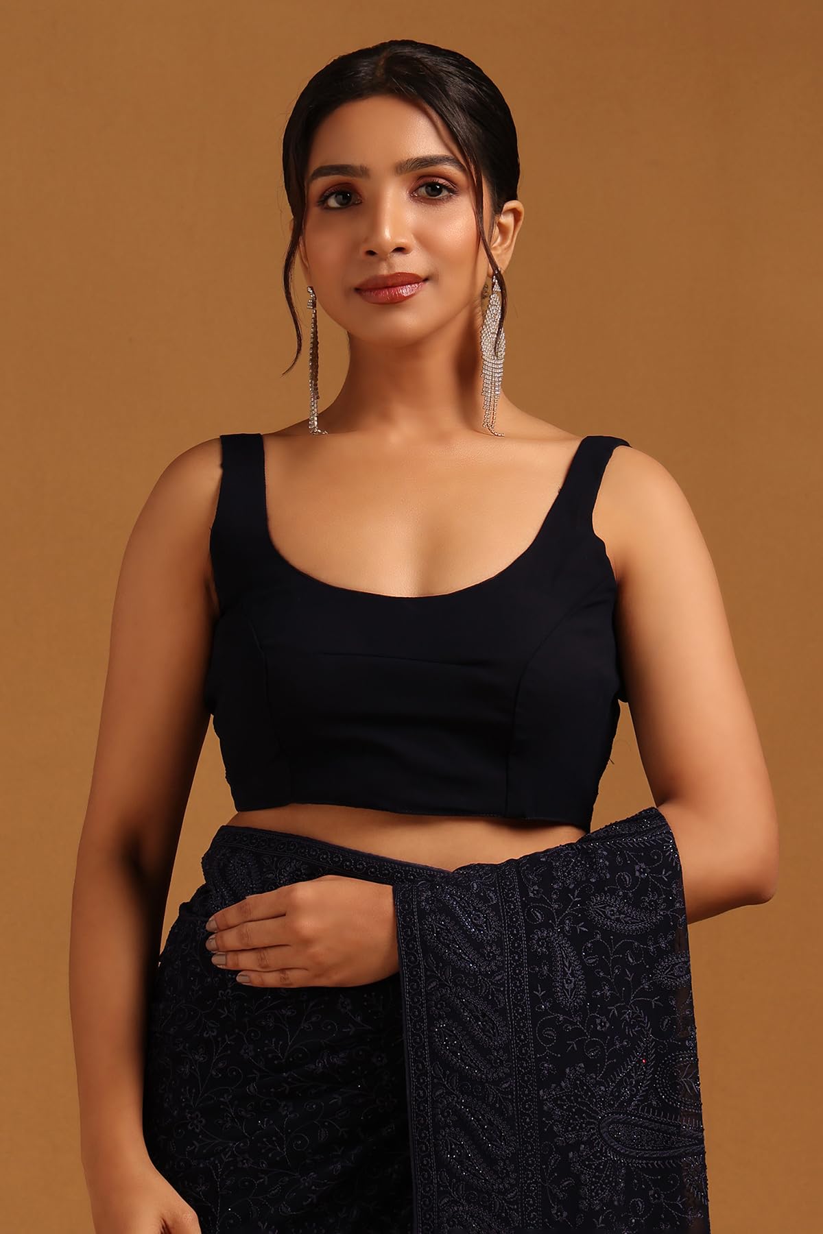 Soch Womens Navy Blue Georgette Botanical Saree With Stone Work
