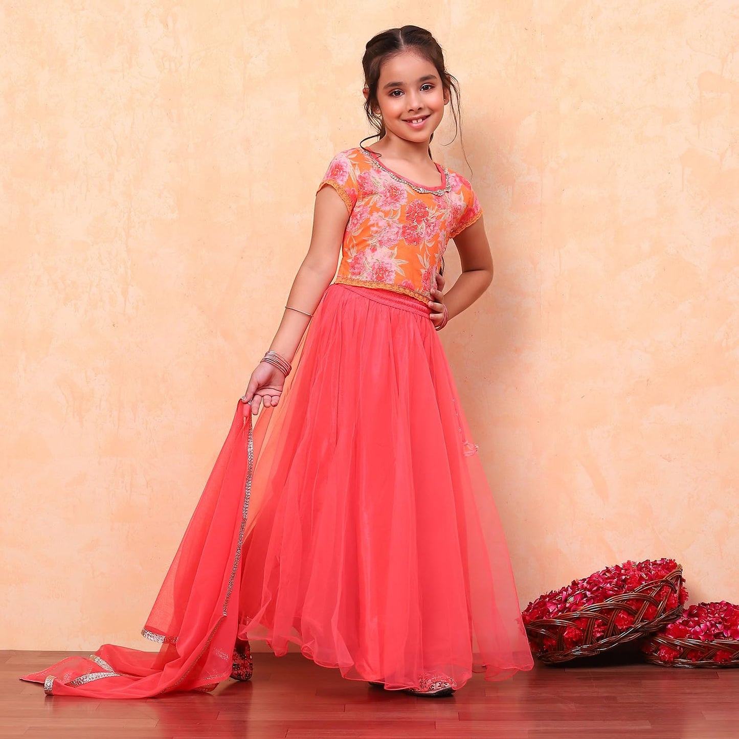 Biba Girls Orange Flared Cotton Printed Lehenga Choli set