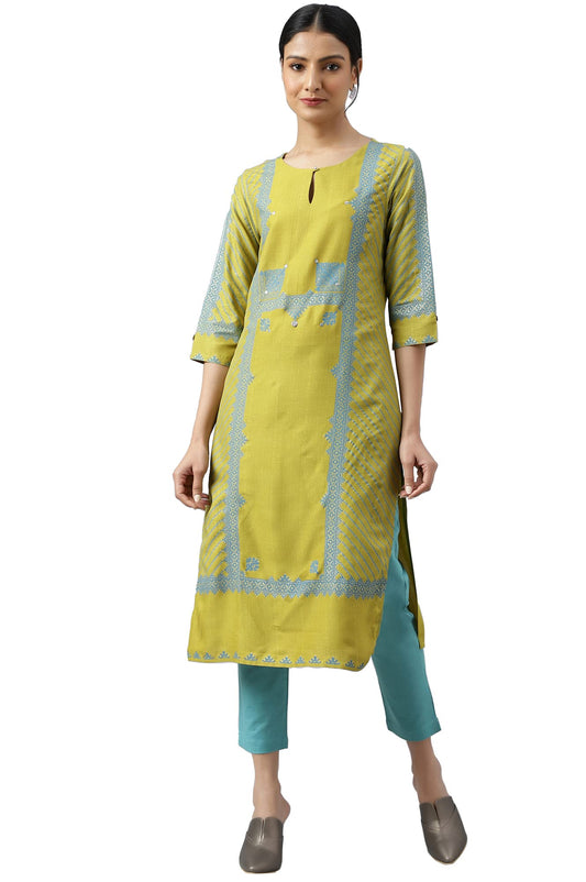 W for Woman Green Placement Print Embellished Kurta