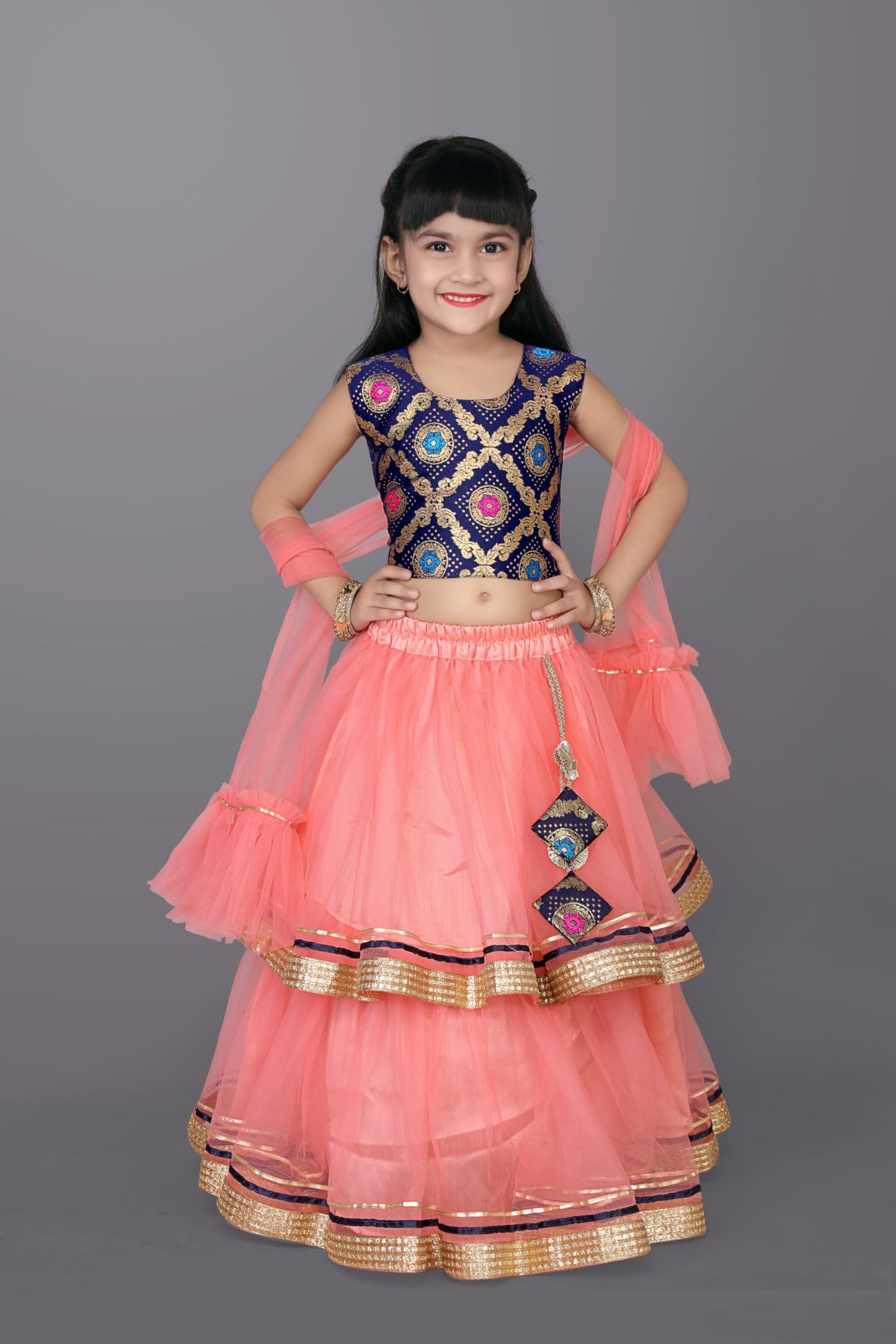 satyamfab Girls Ready to Wear Lehenga & Blouse with Dupatta - Heavy Mono Net and Jacquard Fabric, Fully Stitched