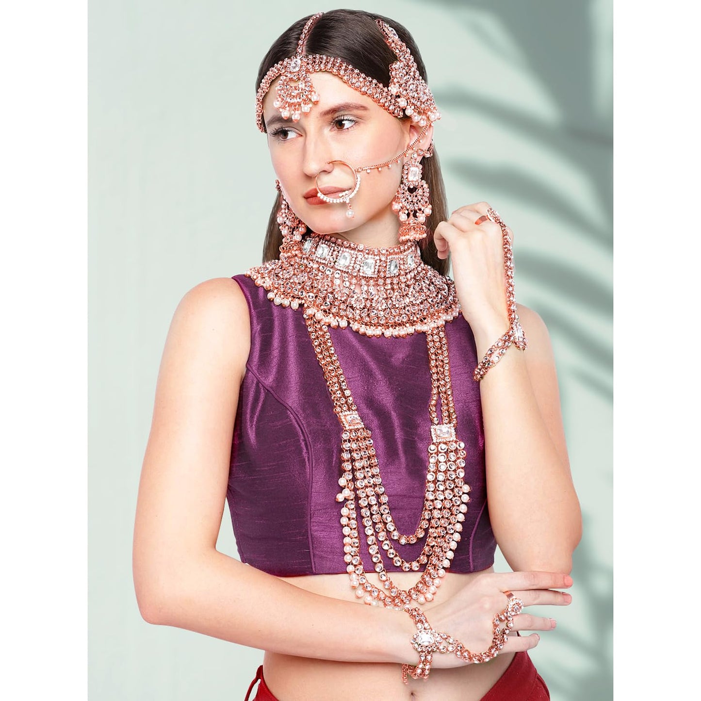 Peora Rose Gold Plated Kundan Crystal & Beads Studded Bridal Necklace Earrings Maangtikka Paso Hath Panja Nathiya Jewellery Set for Women