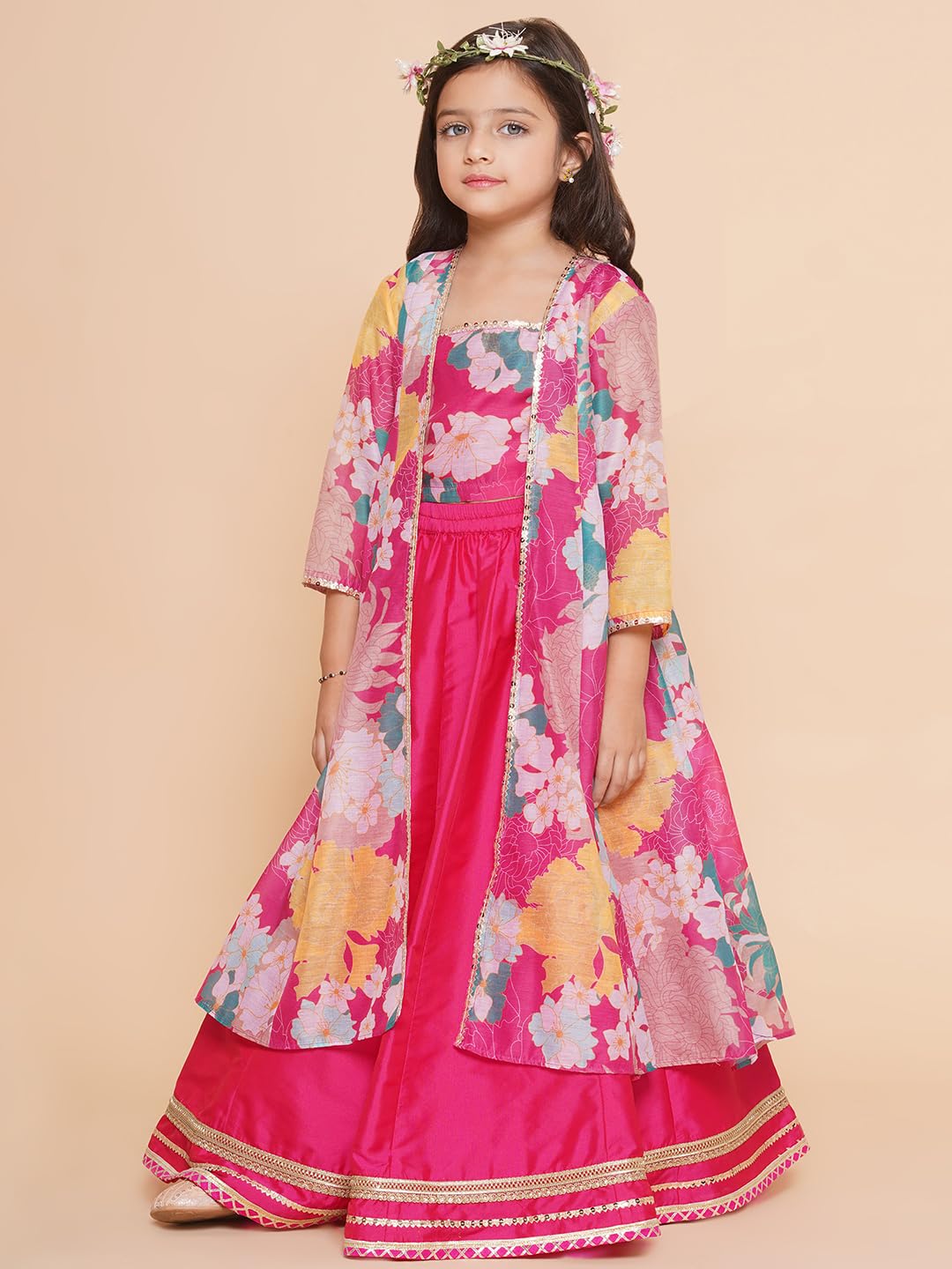 Bitiya by Bhama Girls Pink Floral Print Top & Shrug With Ready to wear Skirts