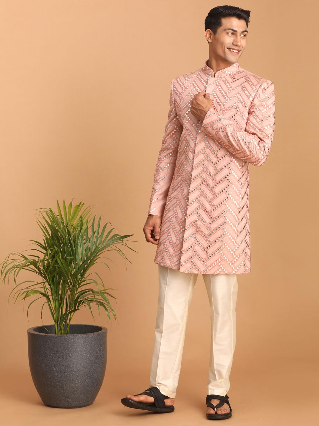 VASTRAMAY Men's Pink Silk Blend Sherwani Set | Trend setting Men's Indowestern Style Mirror Work Sherwani.Comes with Pant Style Pyjama.