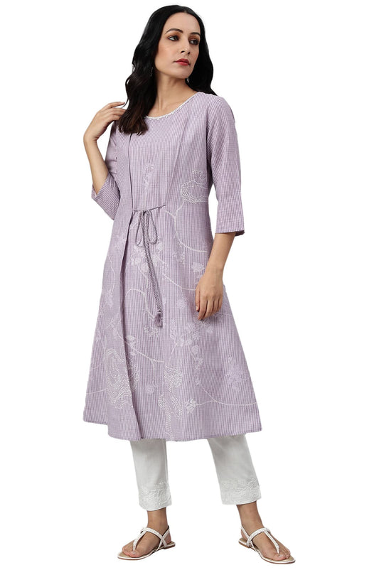 W for Woman Lilac Embroidered Mock Layer Kurta
