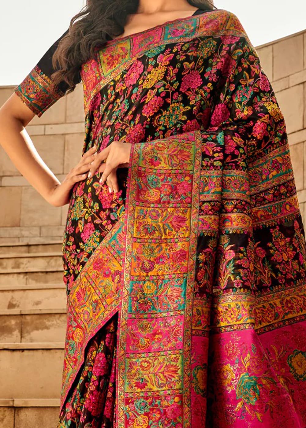 SAREE MALL Women's Black Cotton Silk Botanical Printed Saree With Unstitched Blouse (KSHMRI1002_GIF)