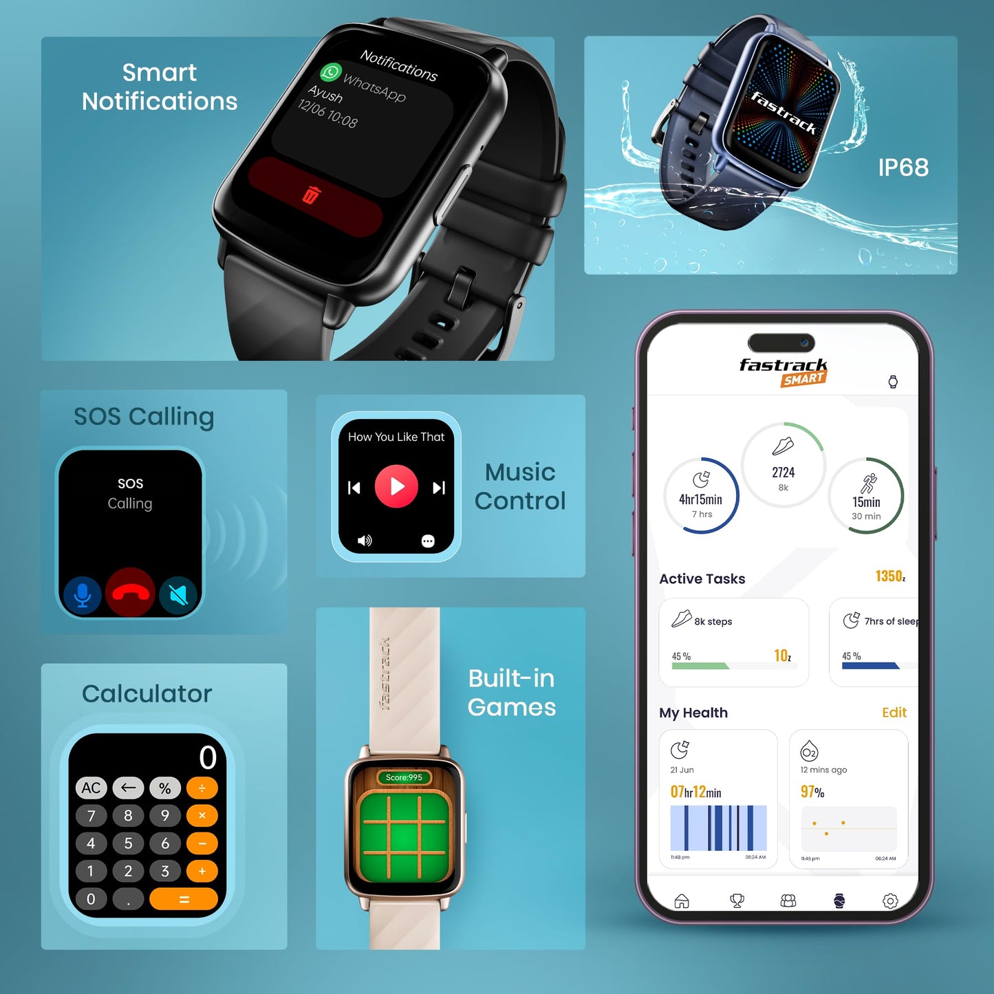 Fastrack Jupiter S1 Smart Watch, 1.83” TFT Display, 240 * 284 Pixel Resolution, SingleSync BT Calling, AI Voice Assistant, 100+ Sports Modes & Smartwatch Faces, Upto 5 Day Battery, IP68 (Blue)