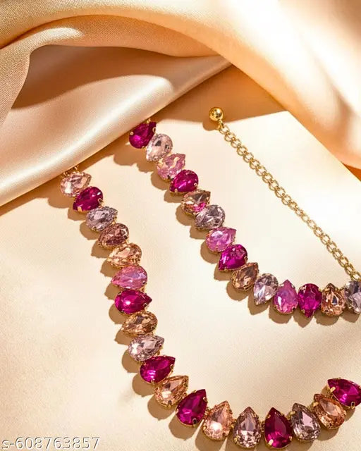 Mansiyaorange Pink Cubic Zerconia AD Stone Amercican Gold Plated Party Office Function Wear Necklace Imitation Choker Jewelry Set For Women