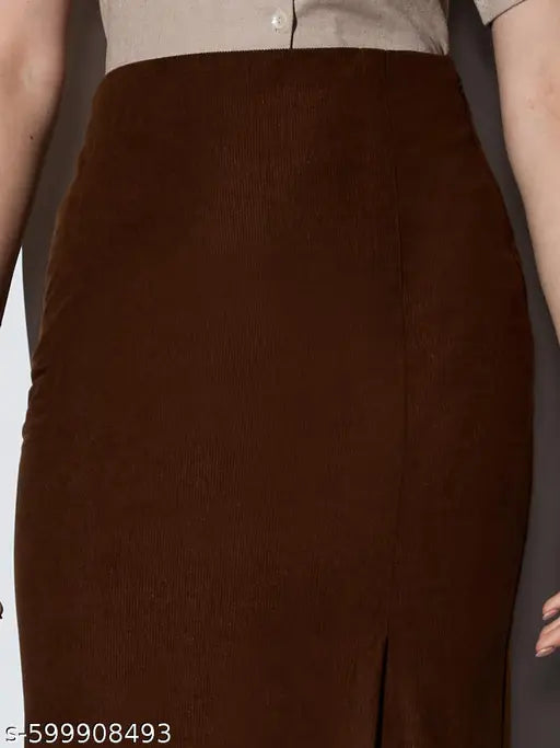 Globus Women Brown Mid-Rise Self Design Striped Front Slit Midi Workwear Pencil Skirt