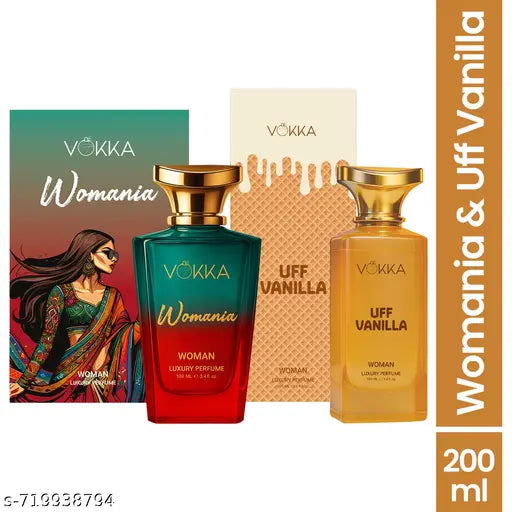 VOKKA Womania & Uff Vanilla 2x100ml | Luxury Long Lasting Perfume for Woman | Scent with Fruity Floral Notes | Eau de Parfum | Notes: Saffron, Peony, Oakmoss, Caramel, Vanilla & Musk Wood