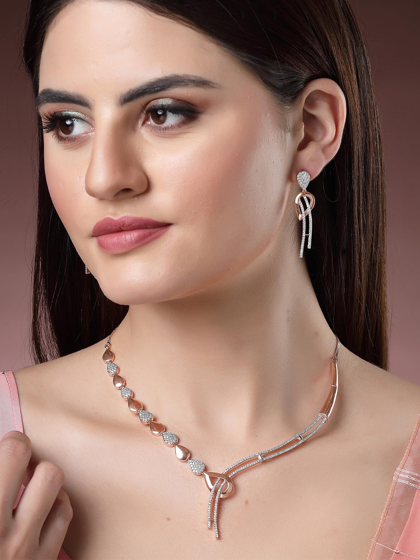 Karatcart Graceful Rose Gold Necklace Set with American Diamond Embellishments and Rhodium Finish