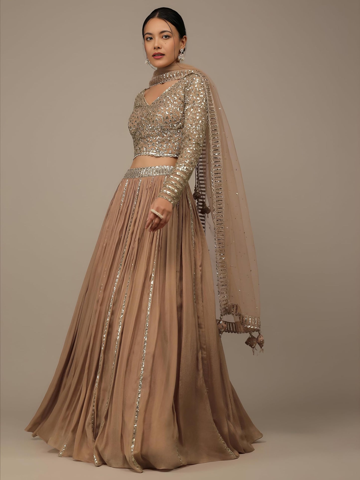 Zeel Clothing Women's Georgette Semi-stitched Sequins Zari Embroidered Lehenga Choli With Dupatta (7090-Beige--Lehenga-Choli-Latest; Free Size) (Beige)