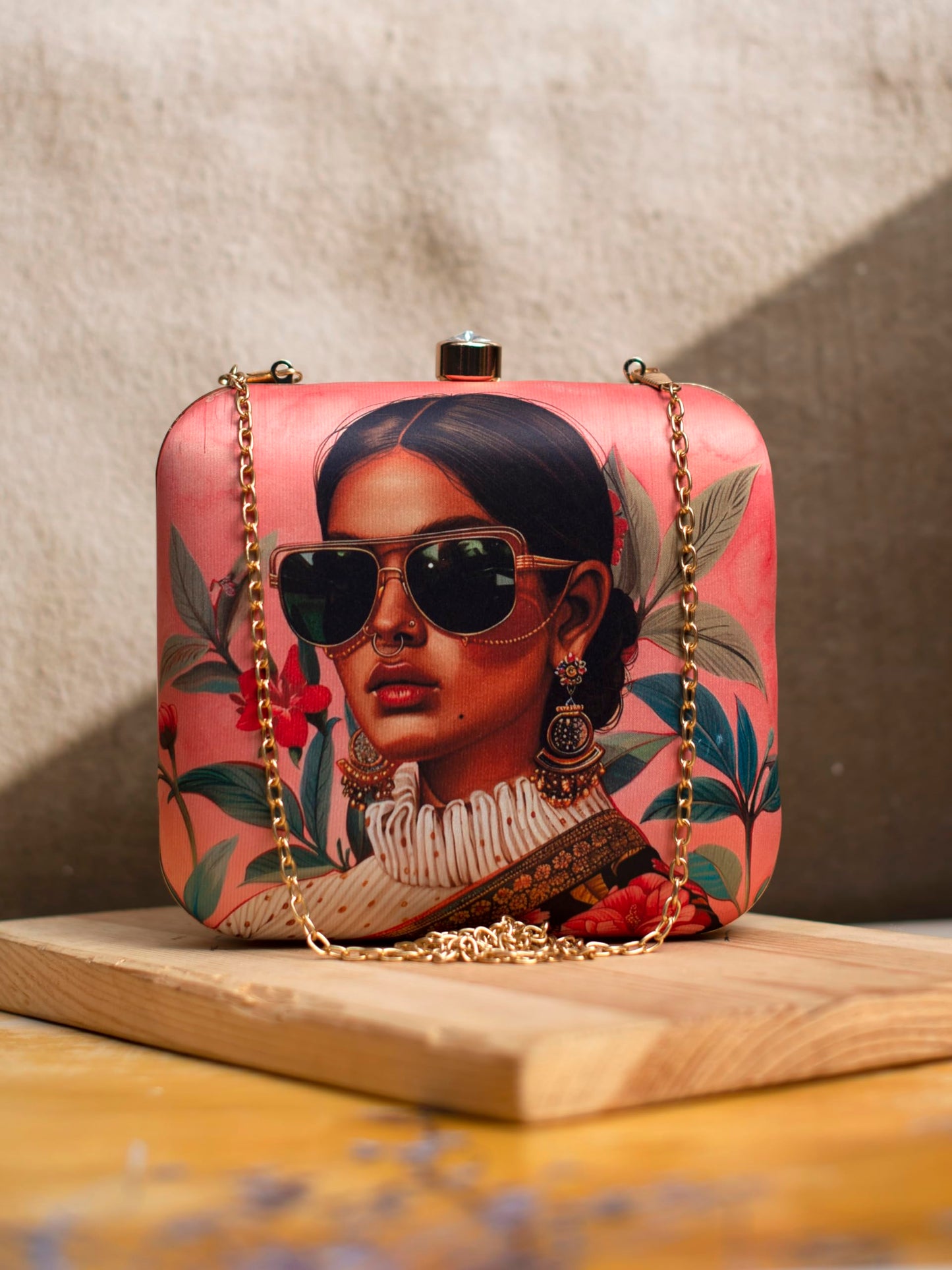 Artklim Pink & Green Mordern Indian Girl Printed Artistic Sling Bag for Women - Box Clutch with Golden Detachable Strap - Chic Fashion Handbag