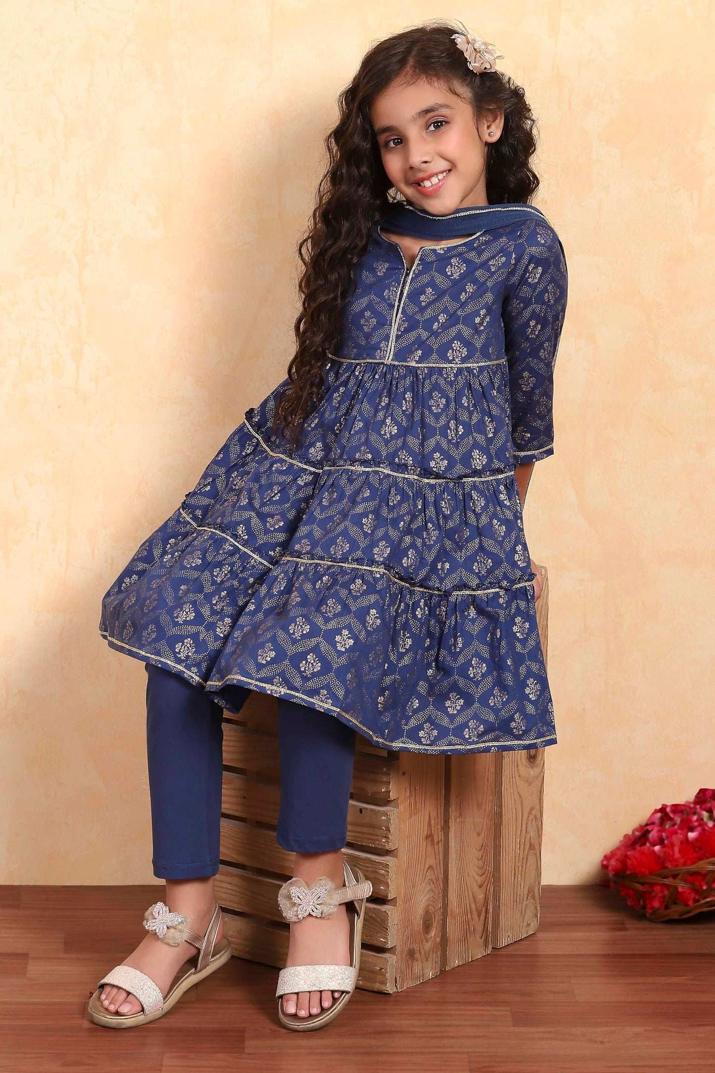 Biba Girl's Blue Cotton Tiered Printed Kurta Churidar Set