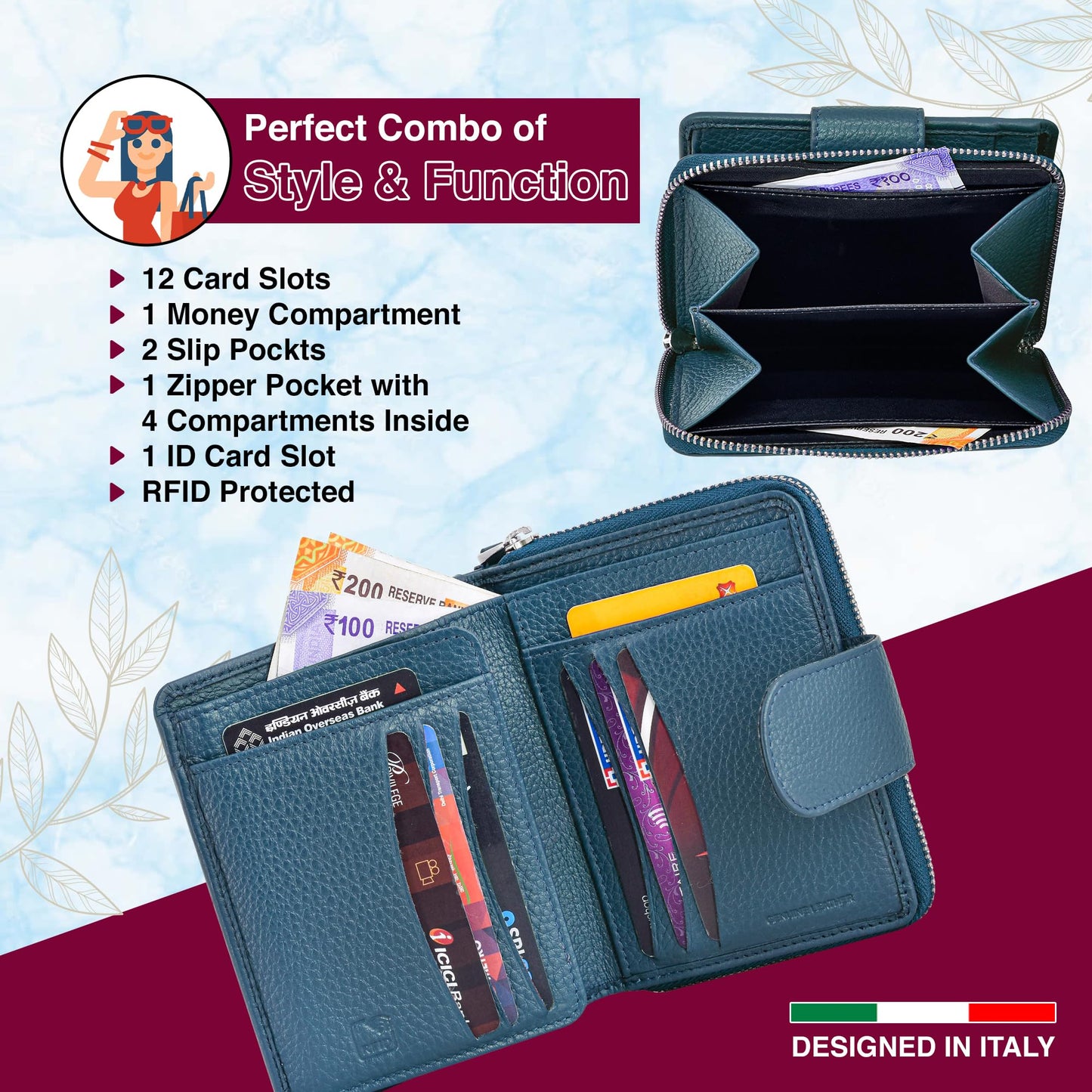 SKYLE Leather Wallet for Women (Blue), RFID Wallets for Girls, Small Ladies Wallet, 14 Card Slots, Cash & Coin Compartment, Purse with Button Closure & Strong Zipper