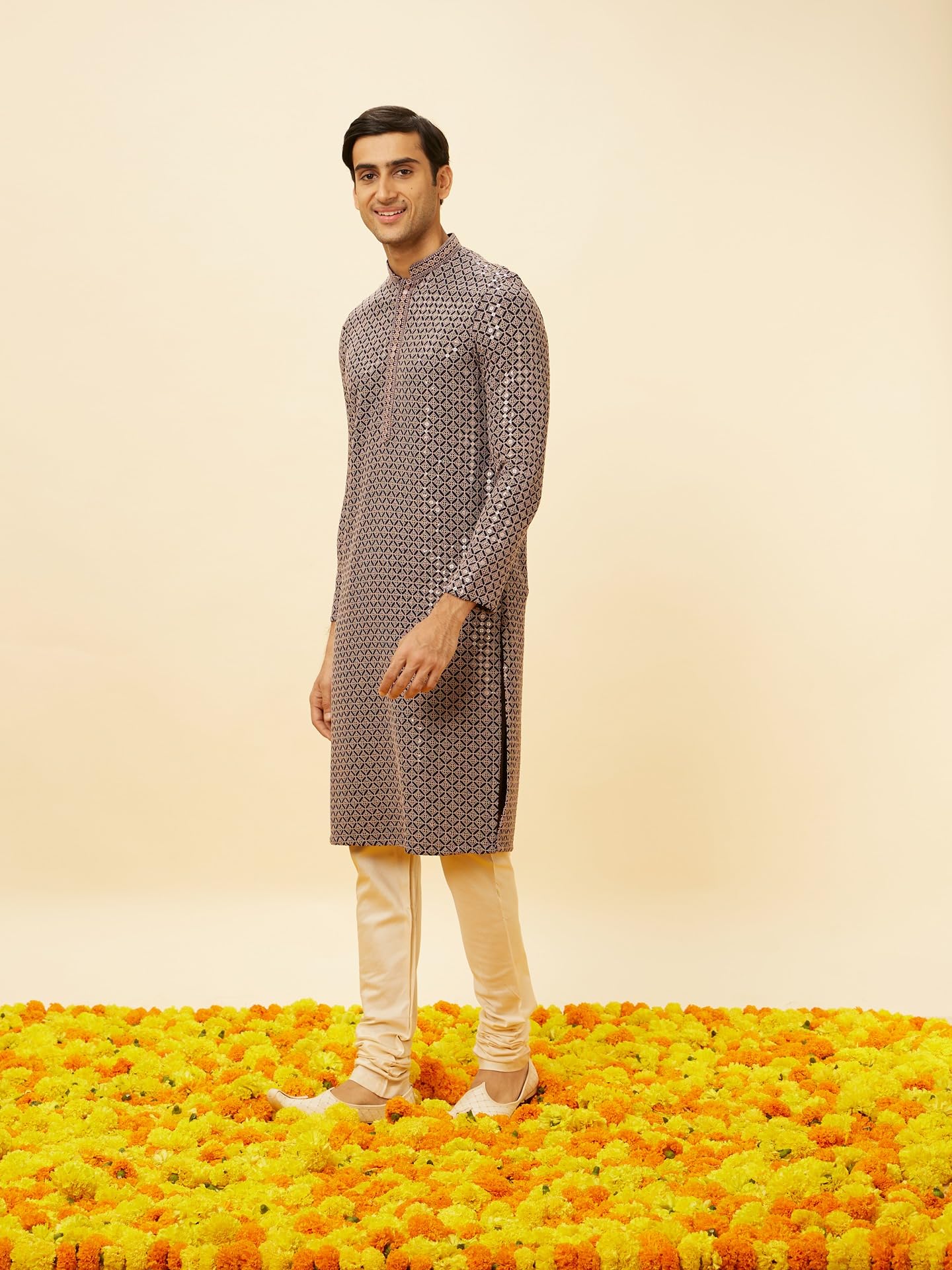 Manyavar Mens Grey Viscose Kurta Pyjama Set