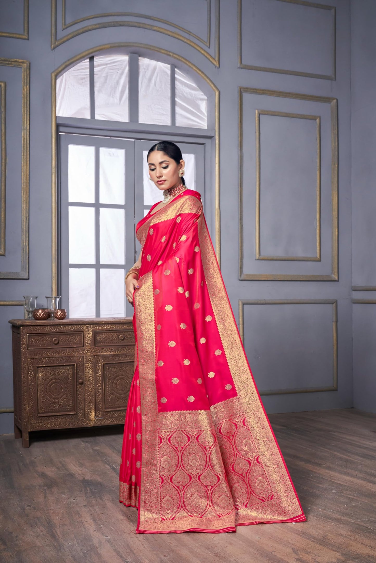 Vardha Women's Banarasi Satin Silk Saree with Unstitched Blouse Piece - Zari Woven Work Sarees for Wedding (Urvi_706)