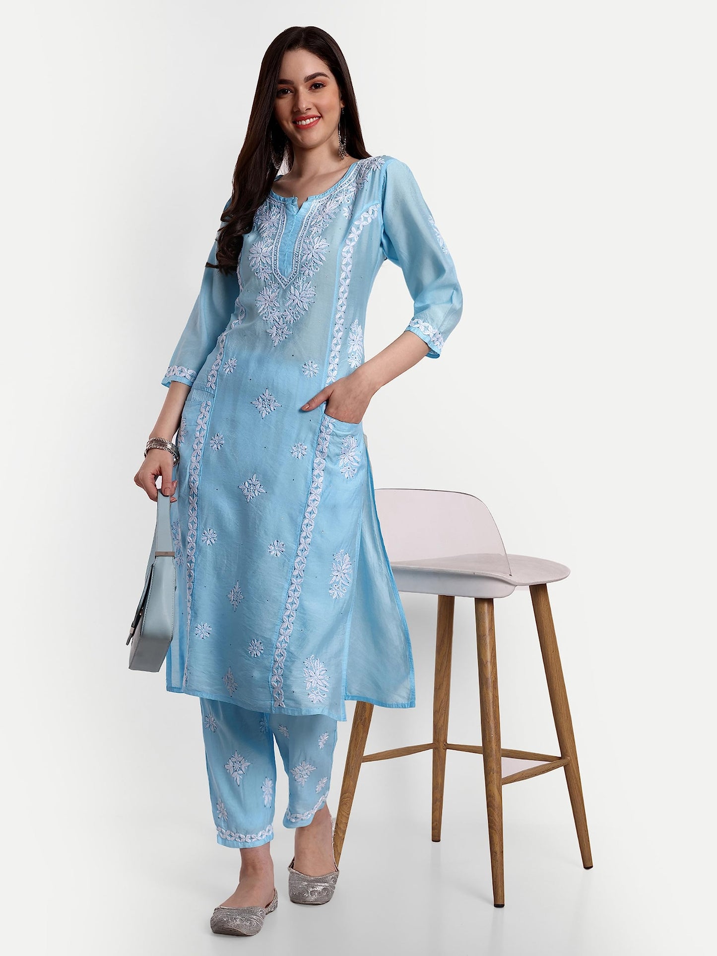 indiankala4u Lucknowi Chikankari Hand Embroidered Mukaish Work Kurta Palazzo Set Chanderi Silk Sky Blue