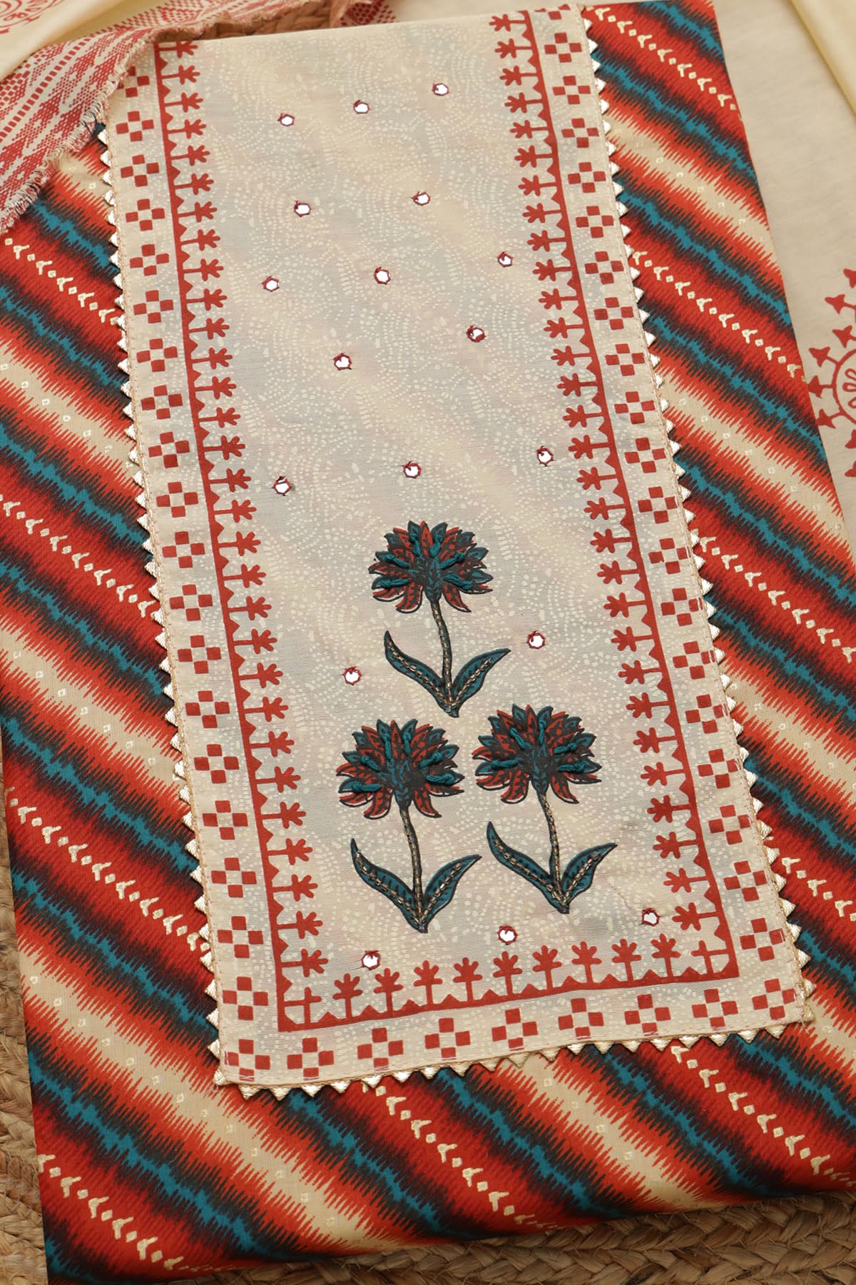 Soch Womens Rust Jam Cotton Striped Unstitch Dress Material With Thread Work