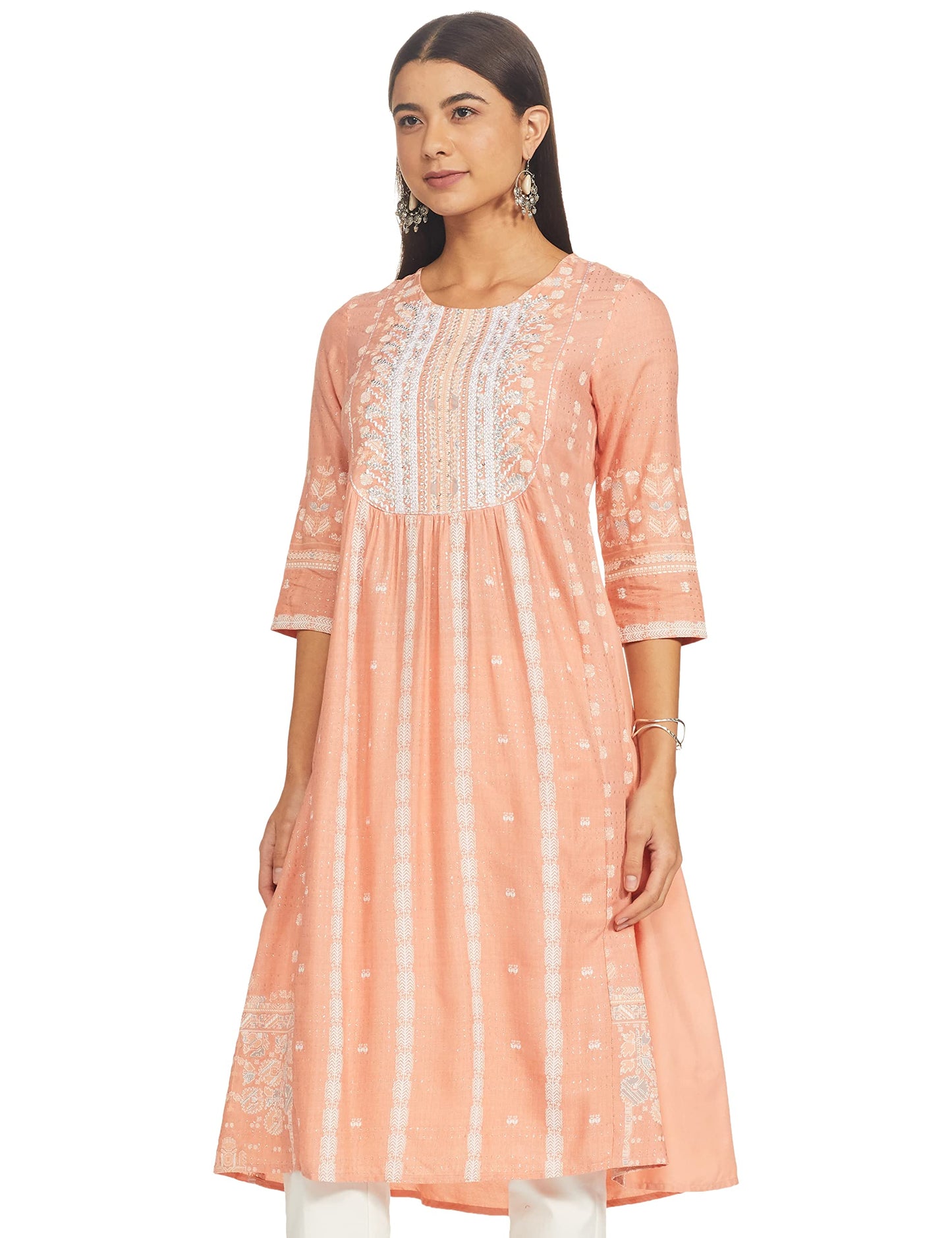 W for Woman Peach Flared Kurta_21FEW13459-113606_XS