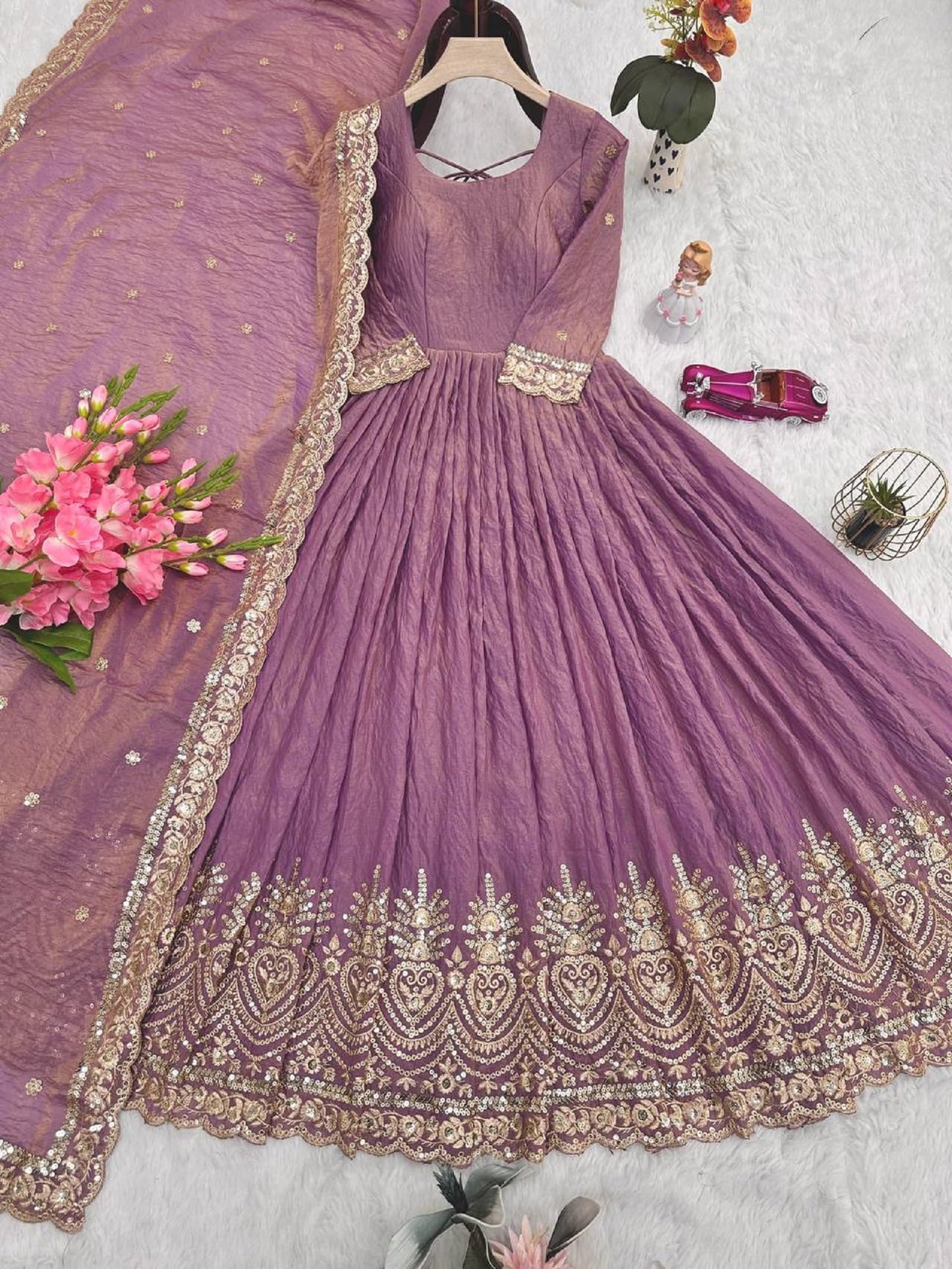 StyleSync Women Fandy Silk Anarkali kurta with Dupatta Embroidery Sequins Work Full Length Ethnic Wear for Festive Occasion (Mauve Purple, XXL)