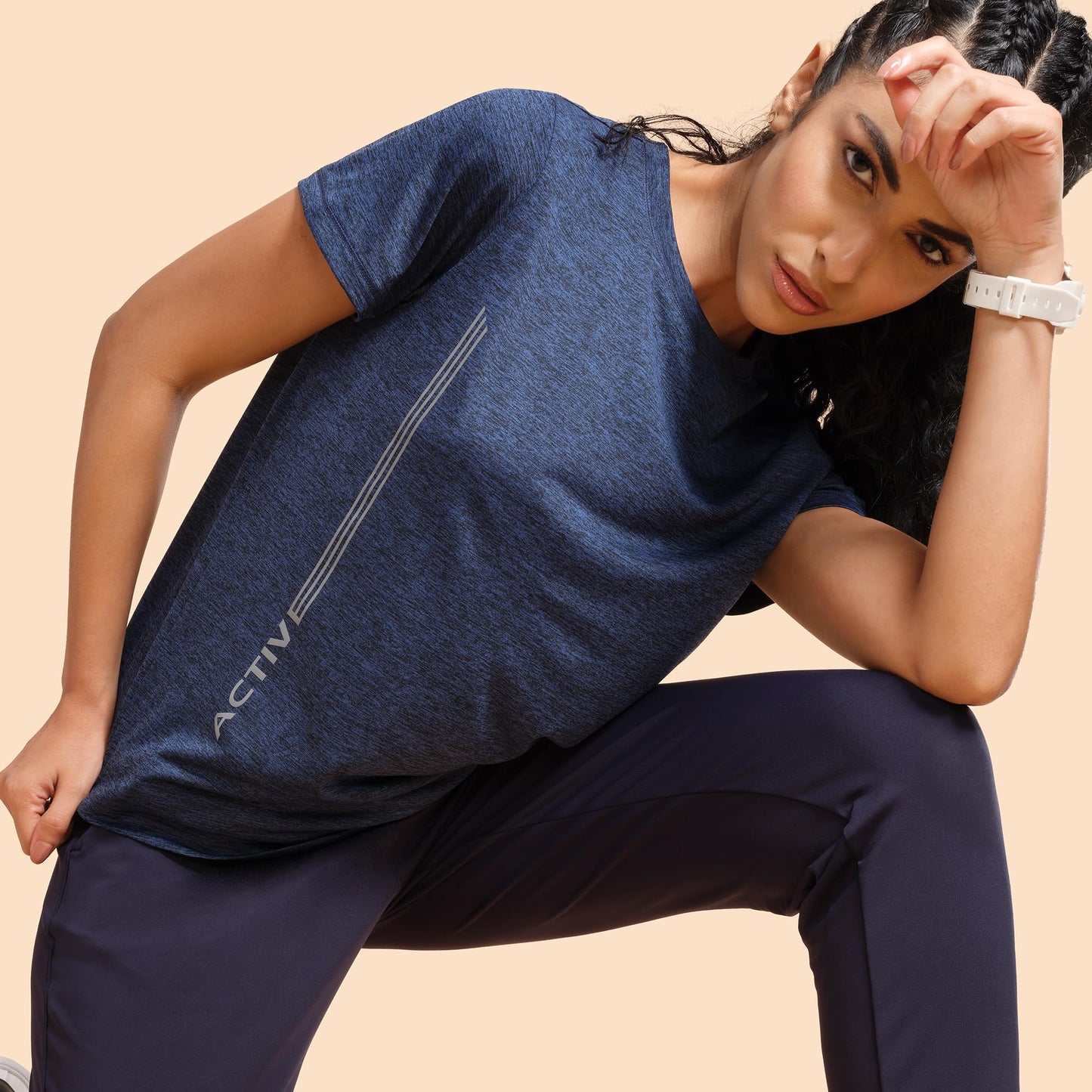 Enamor Women's Polyester Letter Print Relaxed Fit T-Shirt (A309_Navy Melange-Active Reflective, Large