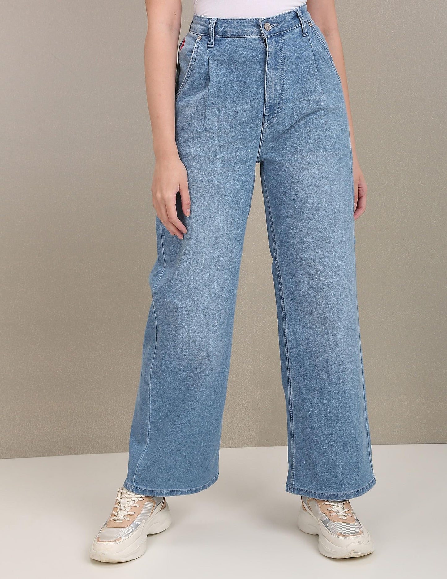 U.S. POLO ASSN. Women's High Rise Pleated Wide Leg Jeans (UWAW22JN063_Blue_32)
