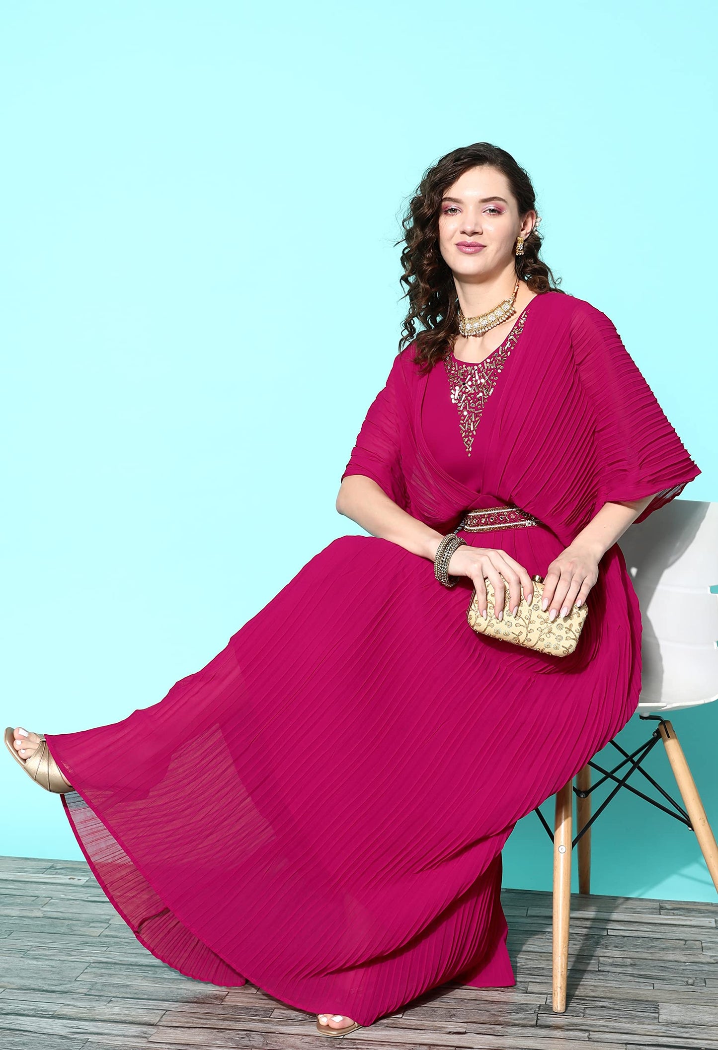 LYMI LABEL Western Gown For Women - Georgette Butterfly Sleeves Long Cinched Waist Gown Dress With Belt For Traditional, Indo Western, Ethnic Wear