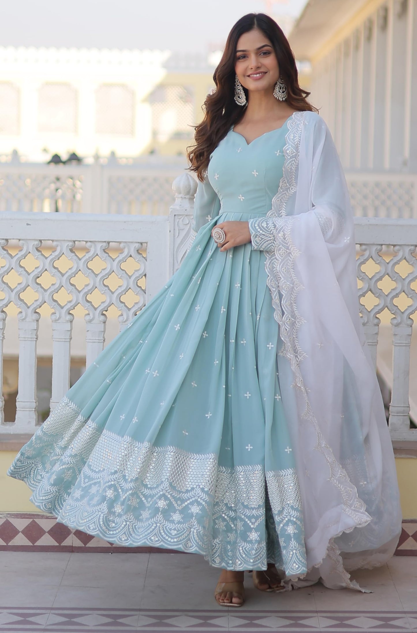 Fashion Basket Blue Women's Faux Georgette Anarkali Gown with Dupatta (Large)