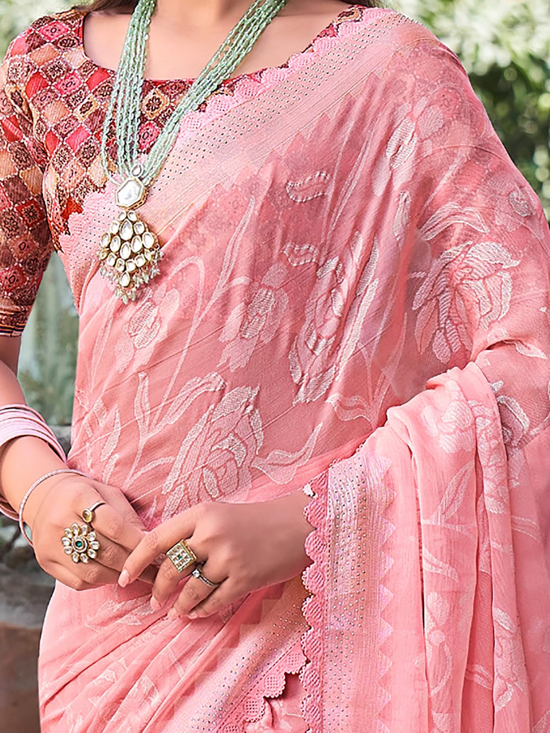 SAREE MALL Women's Chiffon Floral Embellished Saree With Unstitched Blouse Piece(Pink_KINJAL4263_SM)