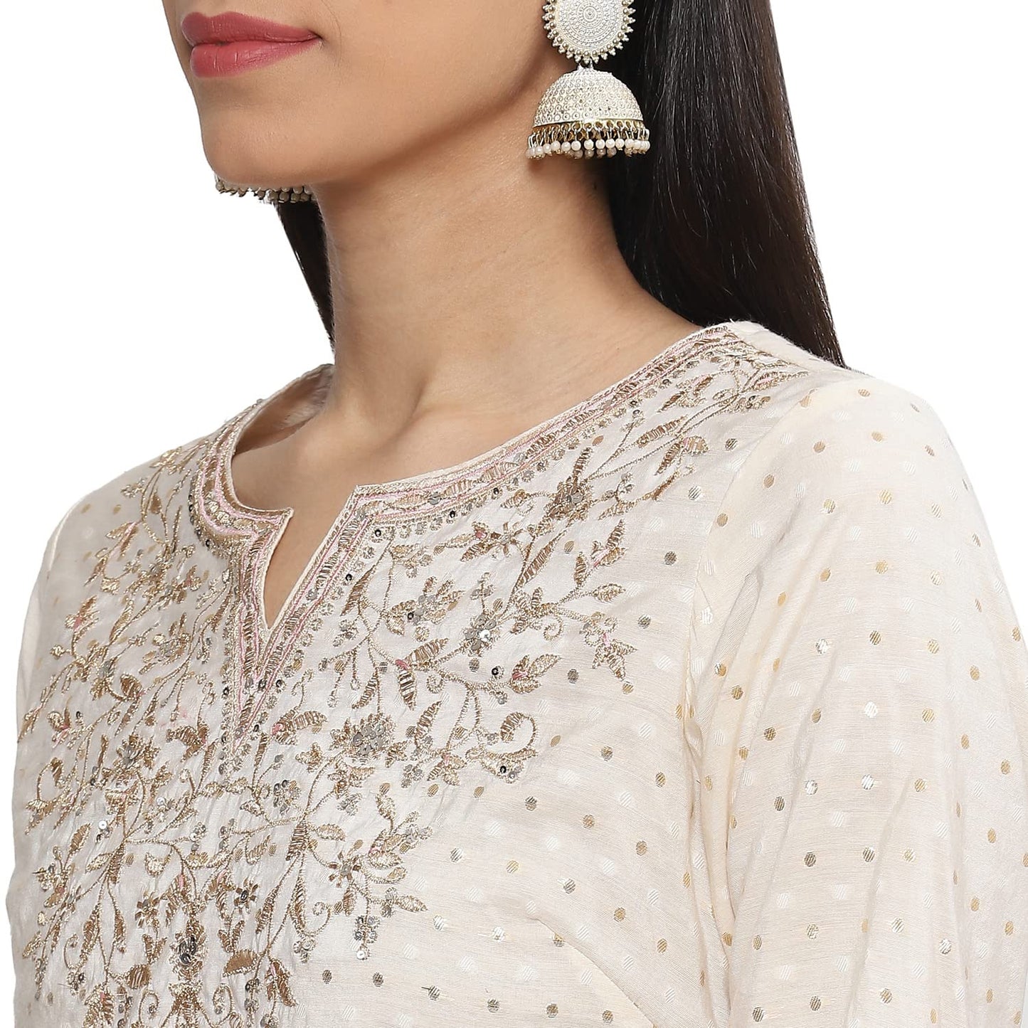 BIBA WOMEN EMBROIDERY RELAXED SALWAR KURTA DUPATTA(SKDKIRAN8471_OWHT/BLUSH PNK_32)