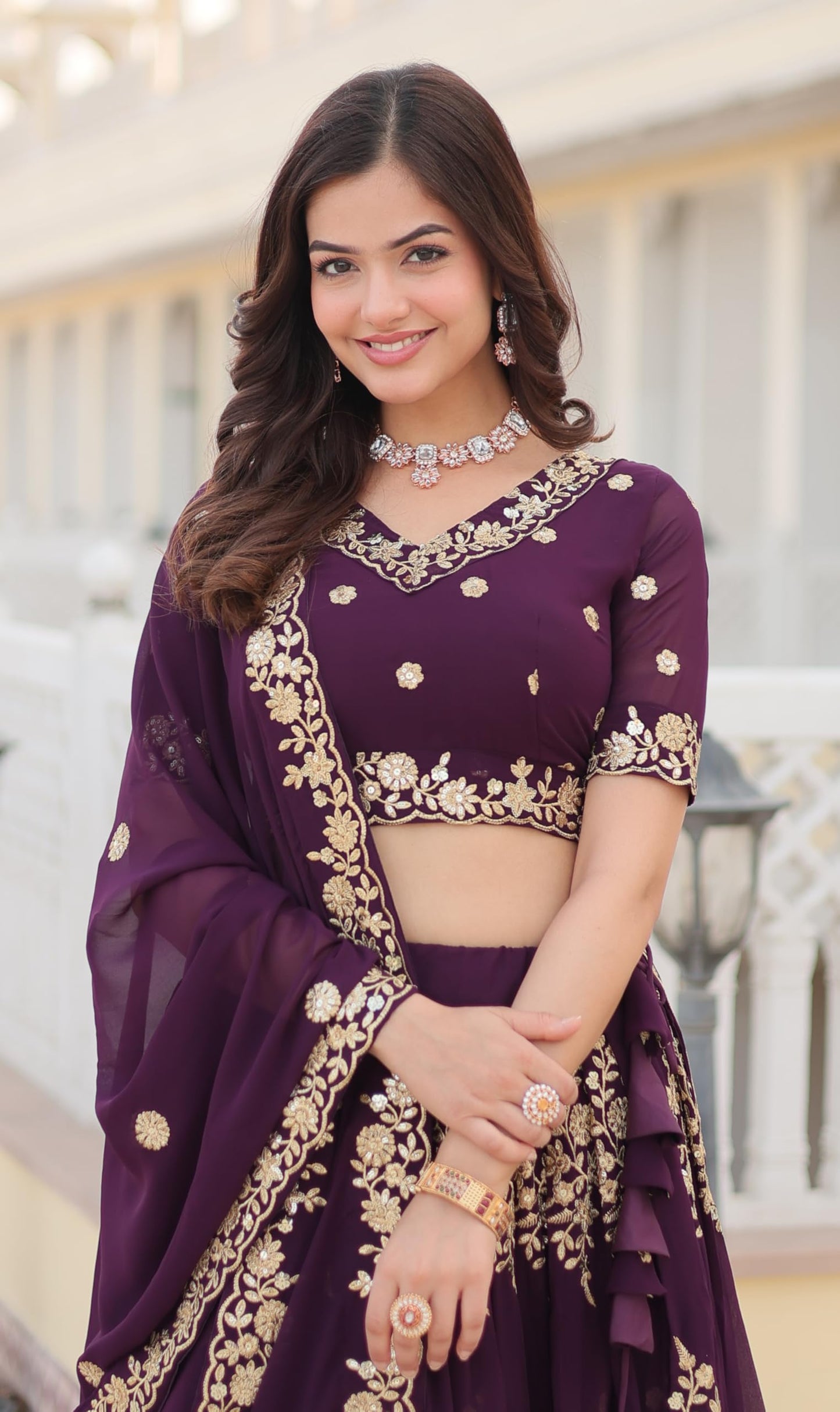 Fashion Basket Georgette Embroidery Stiched Lehenga Choli Duptta Set for Women (Wine, Free)