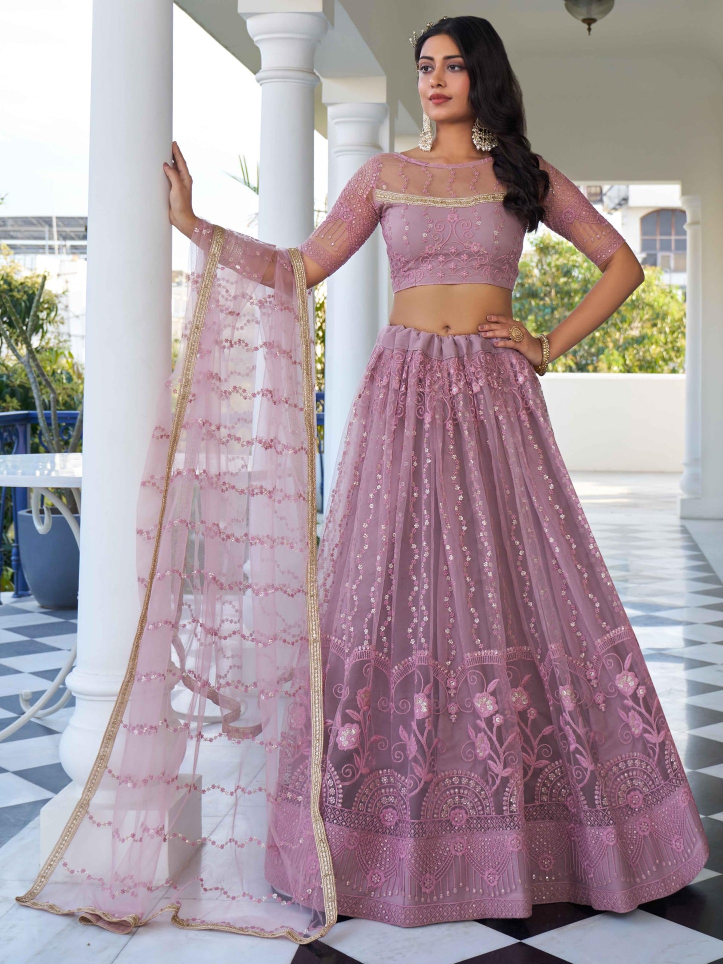 Zeel Clothing Women's Cotton Thread Sequins Work Embroidery Soft Net Lehenga Choli with Dupatta (NFH-2138-Pink-Women-Lehenga-Choli-Latest; Free Size)