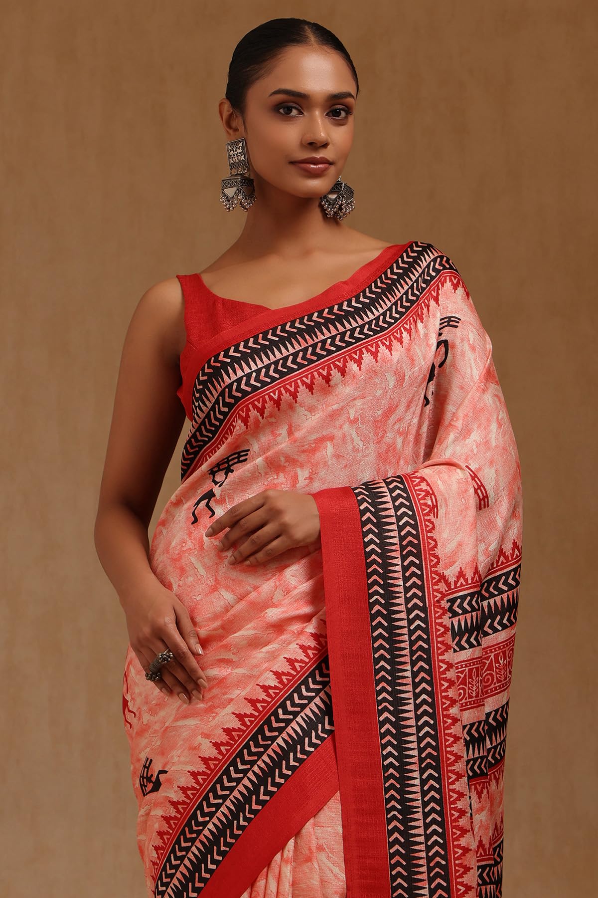 Soch Womens Red Art Silk Warli Print Saree