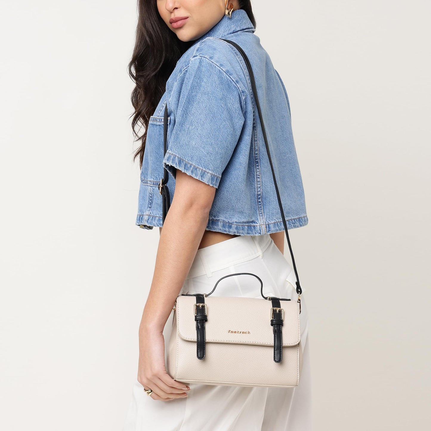 Fastrack Monochrome Muse Satchel | Faux-Leather Women’s Handbag in White & Black | Buckle-Flap Design with Dual Carry Options & Multi-Compartment Interior