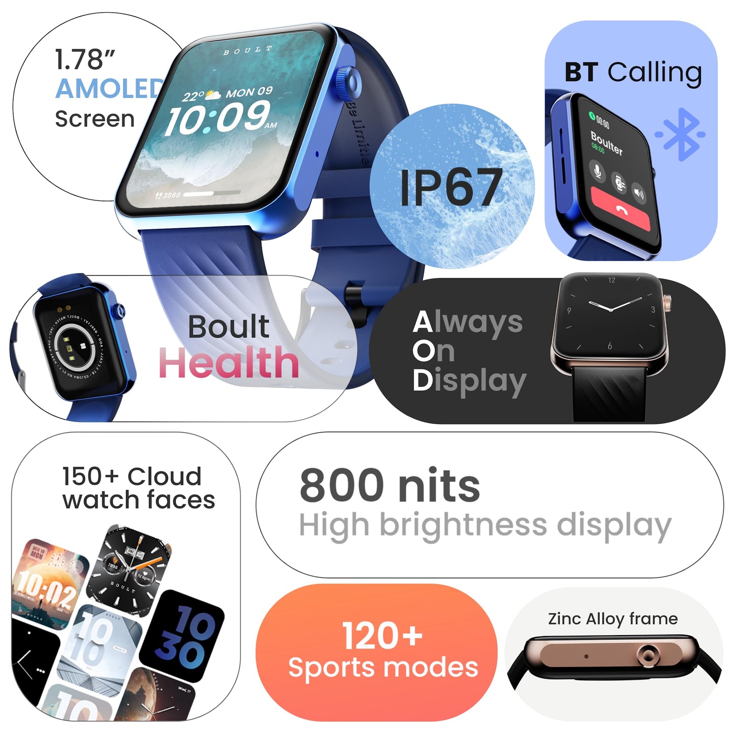 GOBOULT Drift Pro Smartwatch 1.78'' AMOLED HD Screen, BT Calling 5.1, 800 Nits Brightness, IP67, 150+ Watchfaces, 120+ Sports Modes, AI Voice Assistant, SpO2 Monitoring (Blue)